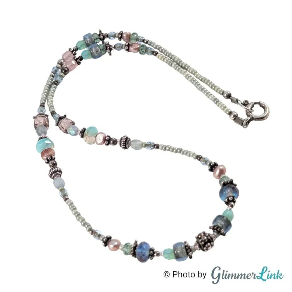 Sterling Multicolor Pastel Glass Pink Pearl Seed Bead Necklace